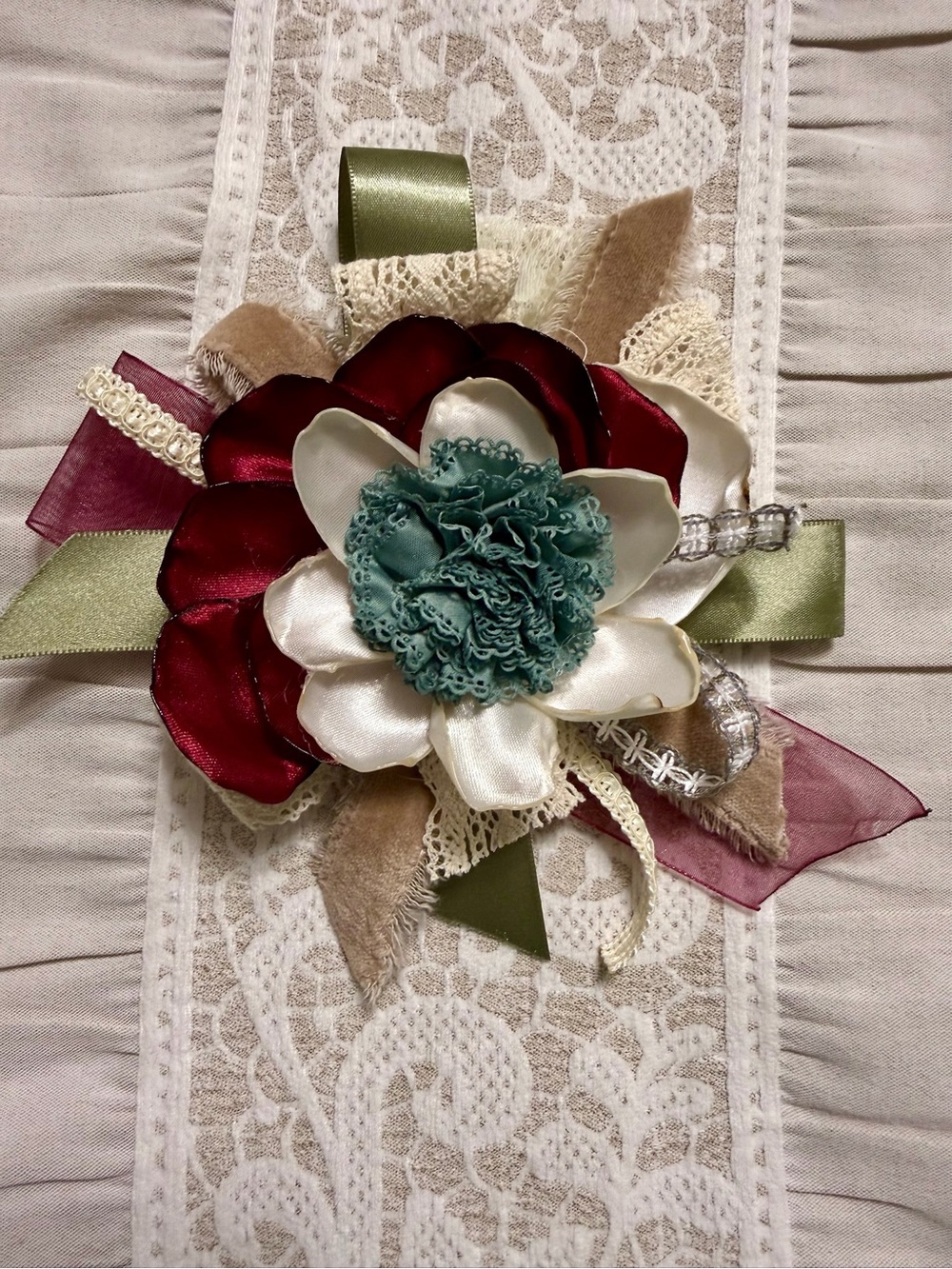 Handmade Floral Satin Ribbon Brooch - Teal, Cream & Burgundy